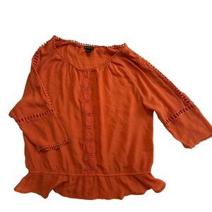 New Directions Orange Crochet Lace Trim Boho Peasant Blouse Top Size M